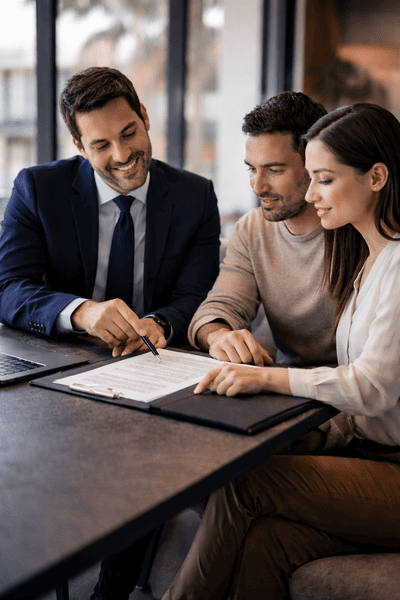 Asesor firmando escrituras de casa en Puebla con clientes